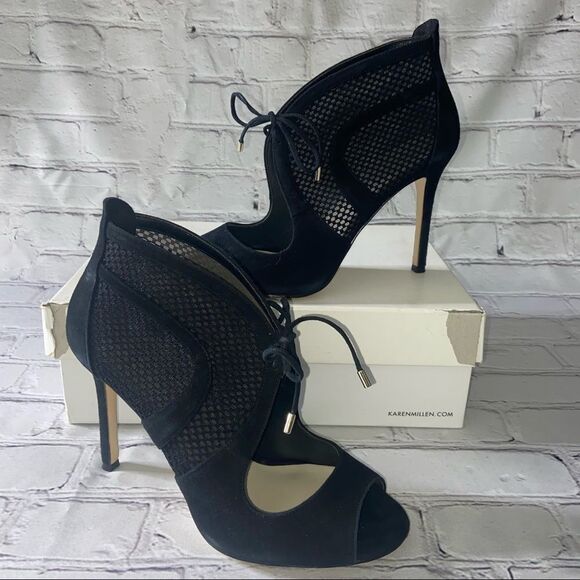 Karen Millen Peep - Toe Black Suede Stiletto Heel Size 8 US 38 IT - Picture 1 of 5